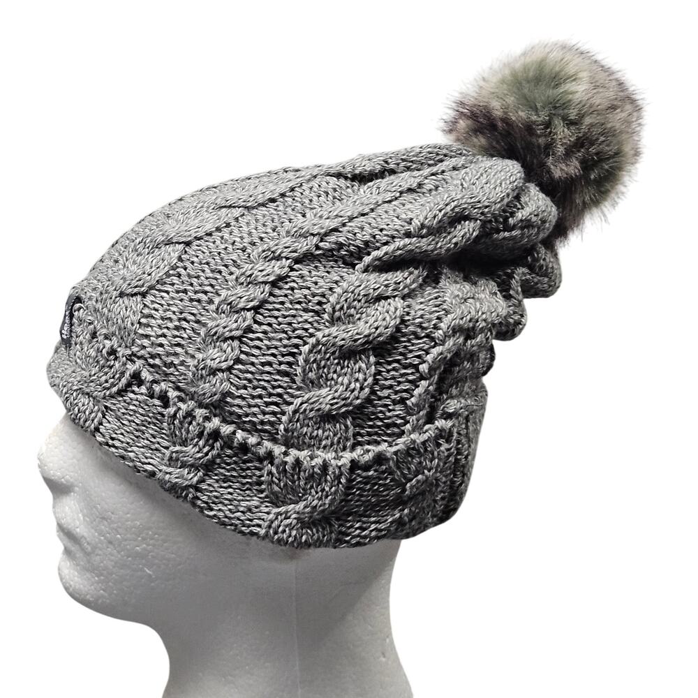 Heat Holders Beanie Hat OS Gray Cable Knit Faux Fur‎ Pom Winter Warm Lined Cozy